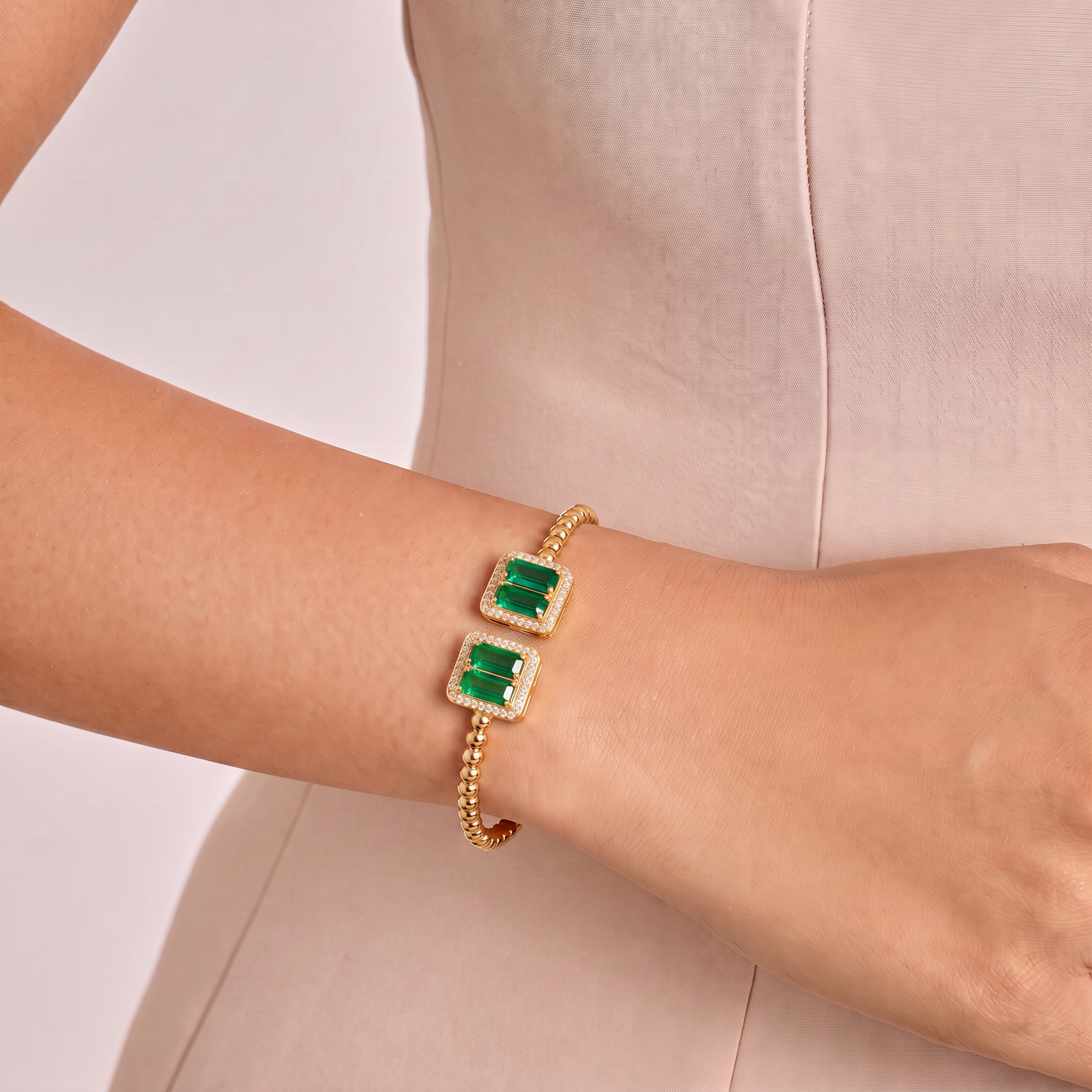 Royal Emerald Twin Stone Open Cuff Bracelet