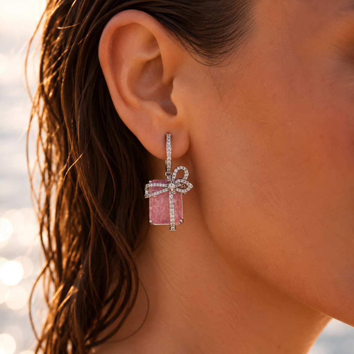 Pink Gift Bow Hoops