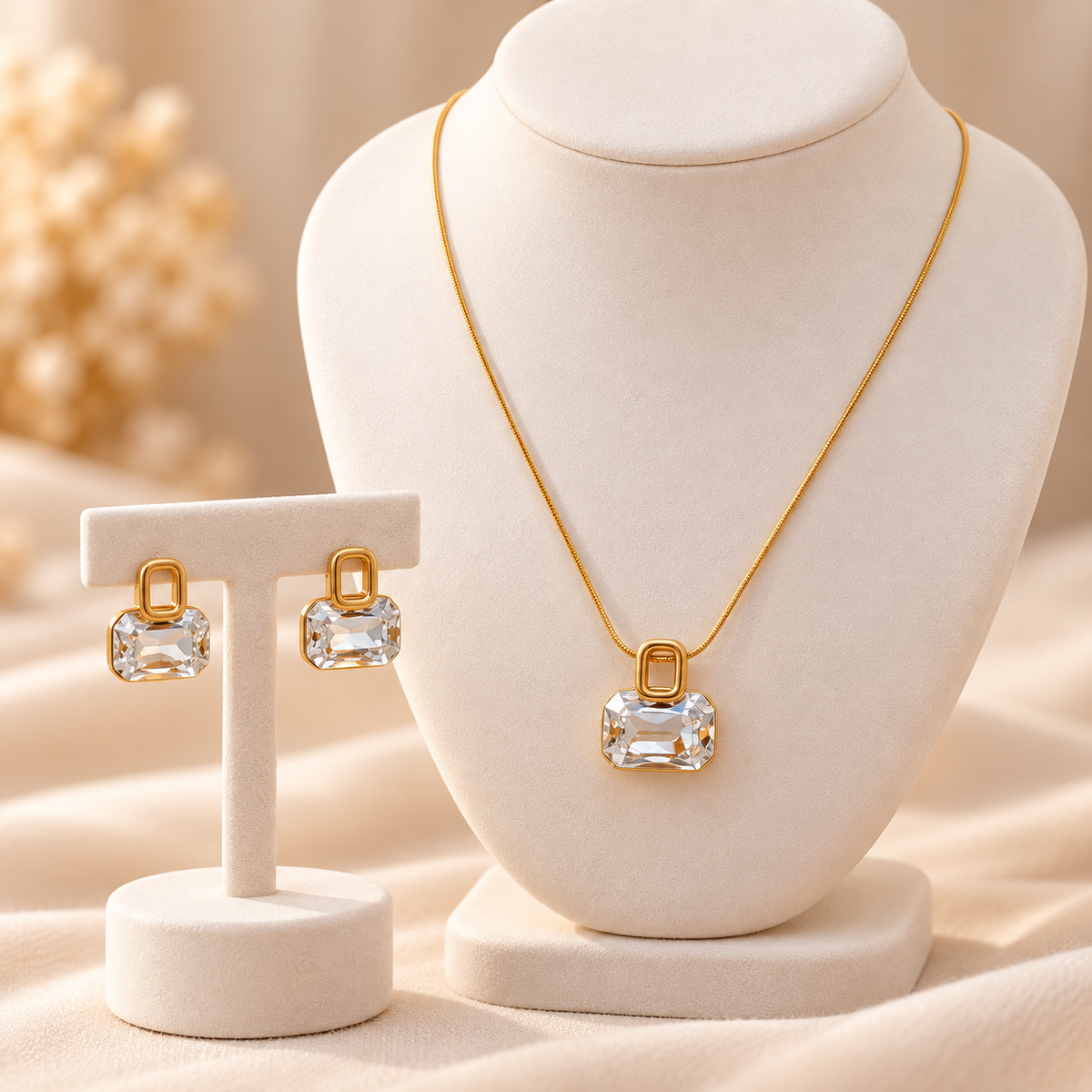 Golden Crystal Necklace Earrings Set