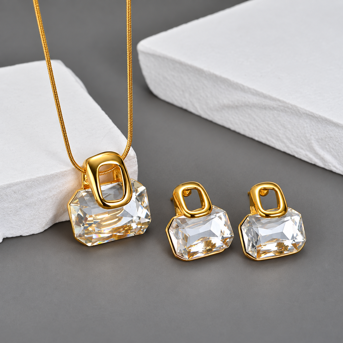 Golden Crystal Necklace Earrings Set