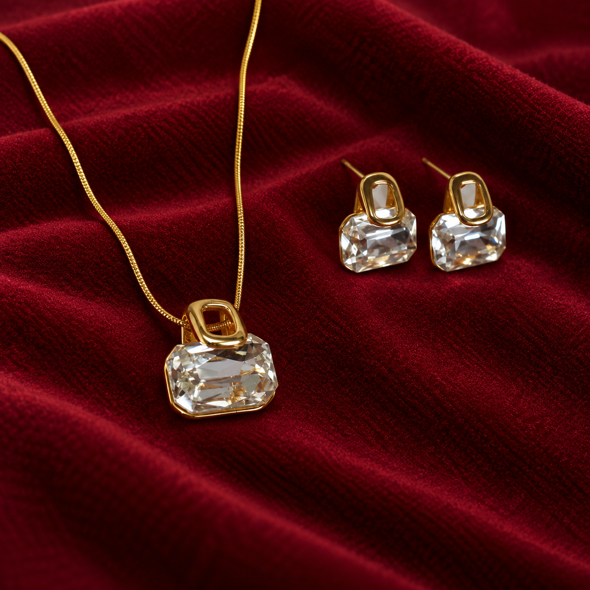 Golden Crystal Necklace Earrings Set