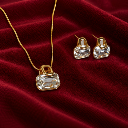 Golden Crystal Necklace Earrings Set