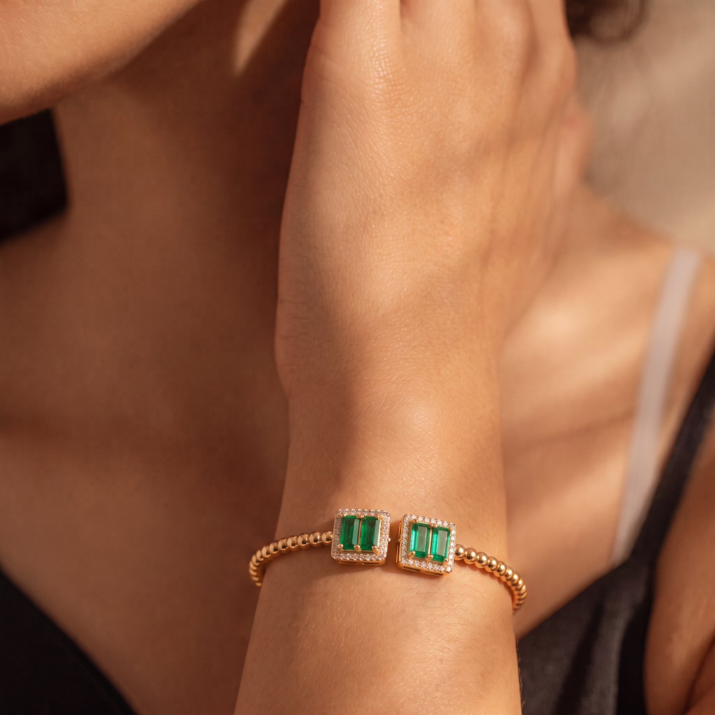 Royal Emerald Twin Stone Open Cuff Bracelet